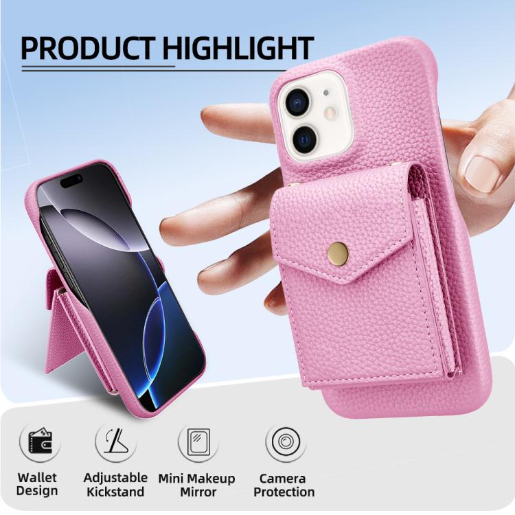 For iPhone 12 / 12 Pro Litchi Texture Vertical Card Bag Holder Phone Case with Long Lanyard