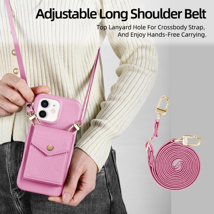 For iPhone 12 / 12 Pro Litchi Texture Vertical Card Bag Holder Phone Case with Long Lanyard
