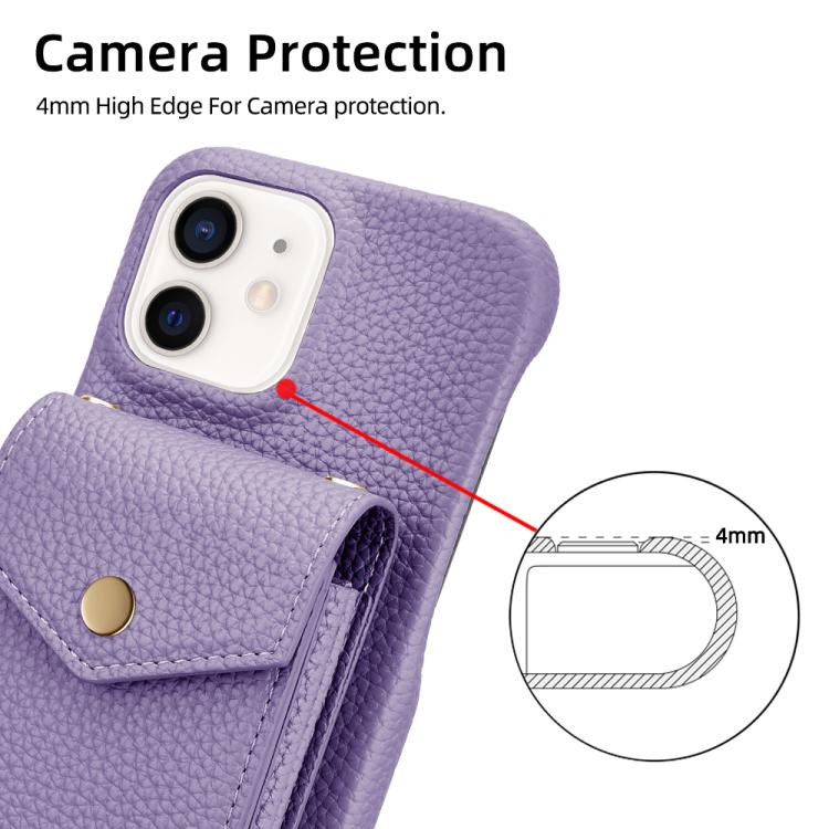 For iPhone 12 / 12 Pro Litchi Texture Vertical Card Bag Holder Phone Case with Long Lanyard