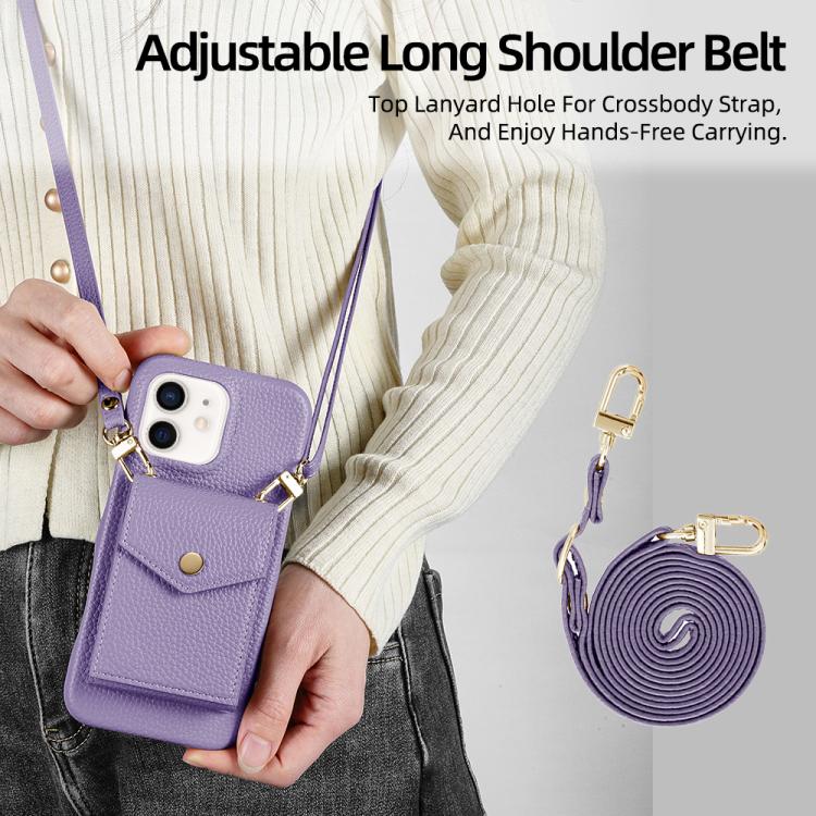 For iPhone 12 / 12 Pro Litchi Texture Vertical Card Bag Holder Phone Case with Long Lanyard