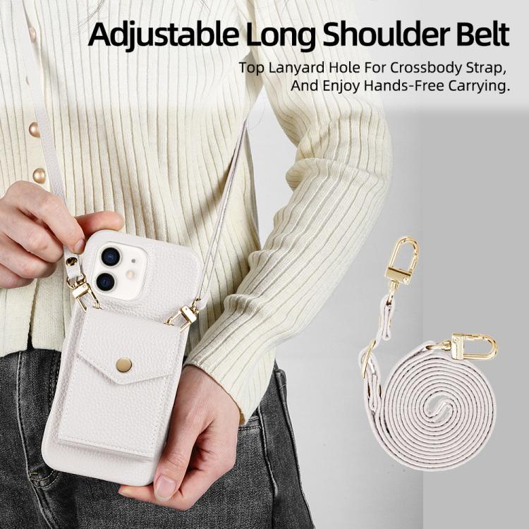 For iPhone 12 / 12 Pro Litchi Texture Vertical Card Bag Holder Phone Case with Long Lanyard