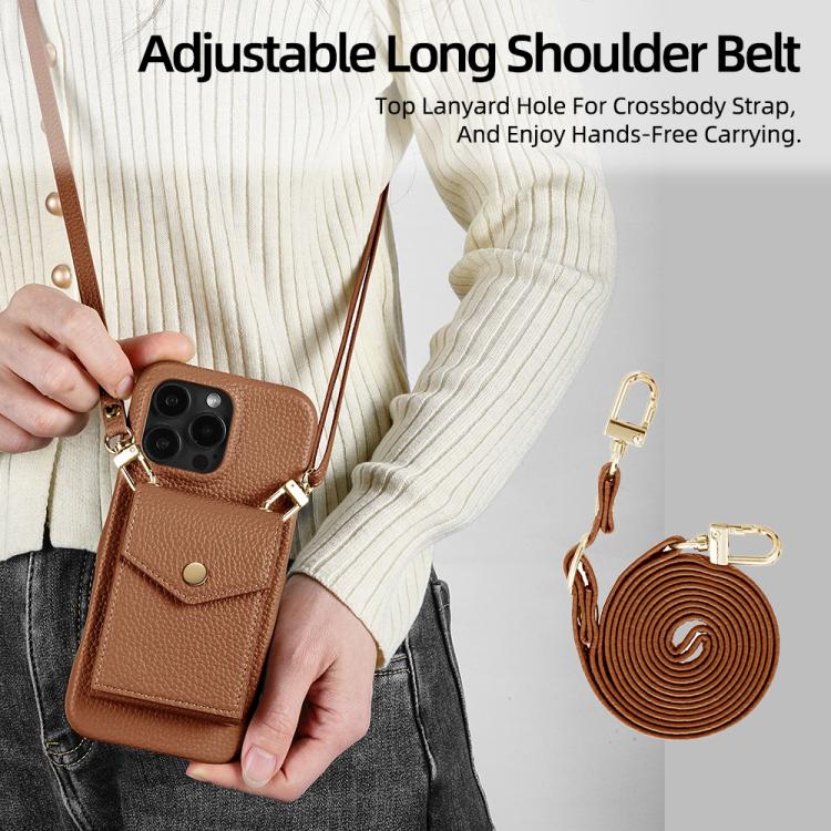 For iPhone 12 Pro Max Litchi Texture Vertical Card Bag Holder Phone Case with Long Lanyard