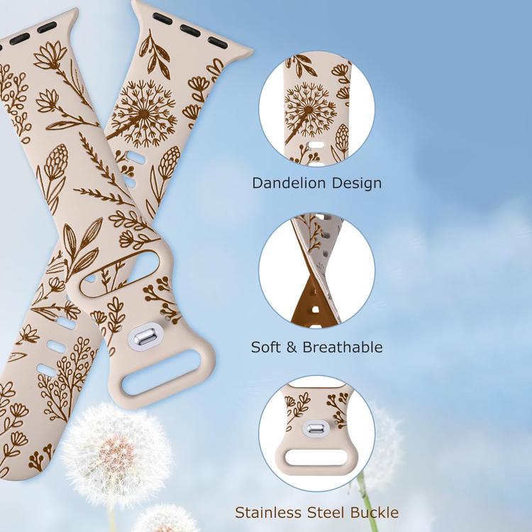 For Apple Watch 46mm / 49mm / 45mm / 44mm Two Color Dandelion Engraved Silicone Watch Band