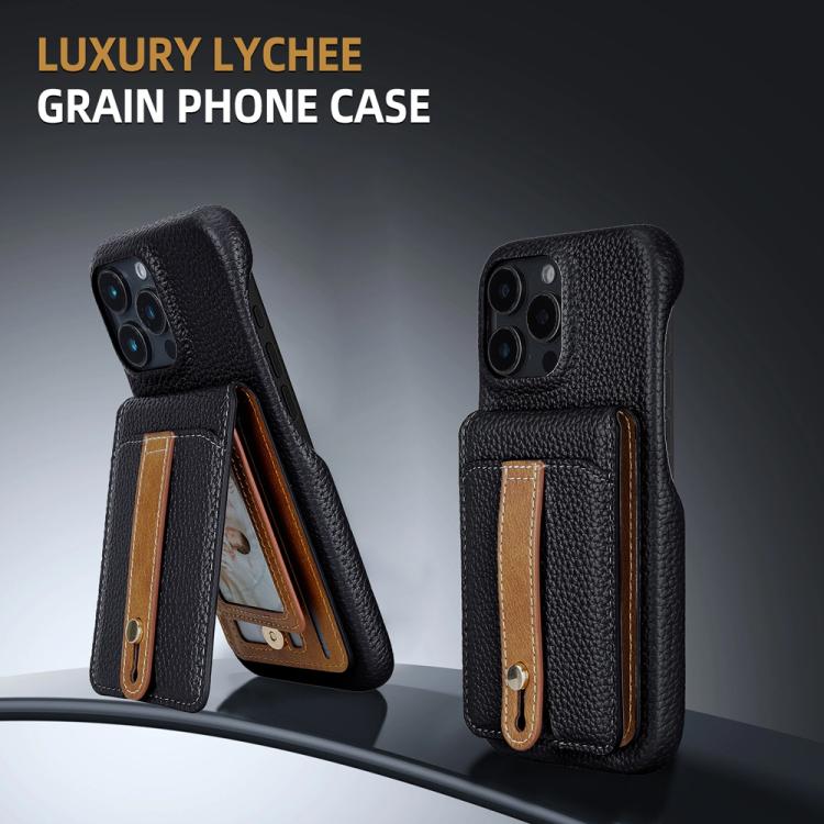 For iPhone 16 Plus Litchi Texture Leather Ring Card Bag Holder Phone Case