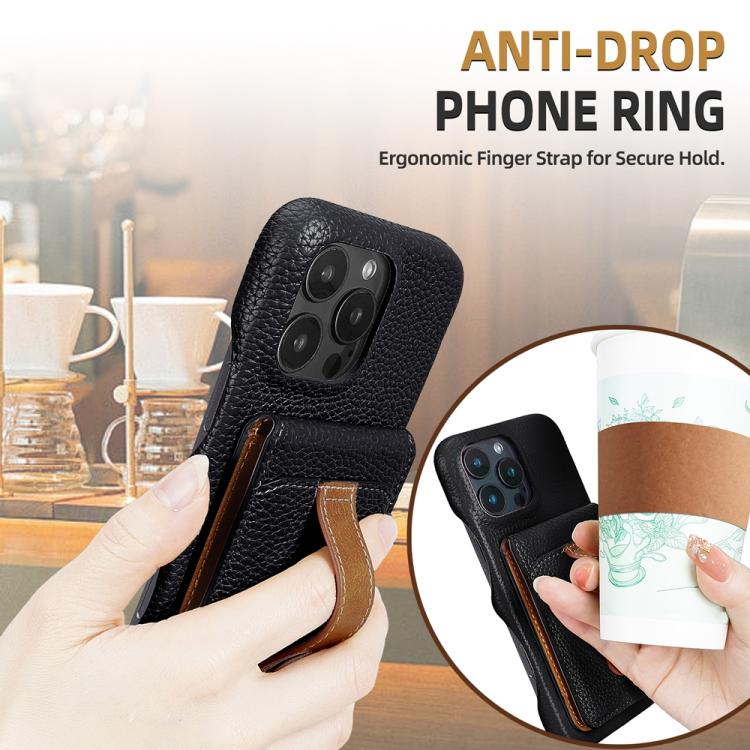 For iPhone 16 Litchi Texture Leather Ring Card Bag Holder Phone Case