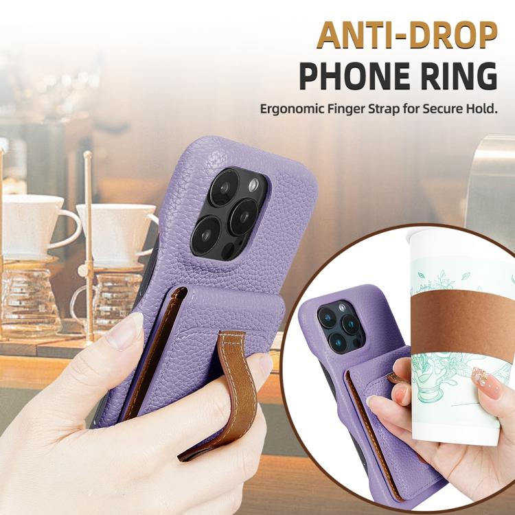 For iPhone 15 Pro Max Litchi Texture Leather Ring Card Bag Holder Phone Case