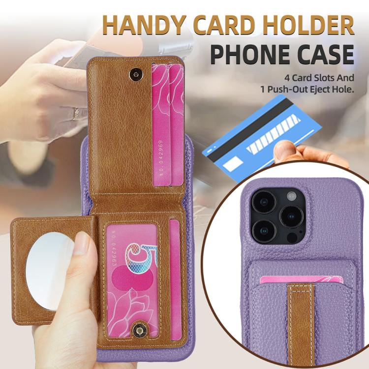 For iPhone 15 Pro Litchi Texture Leather Ring Card Bag Holder Phone Case