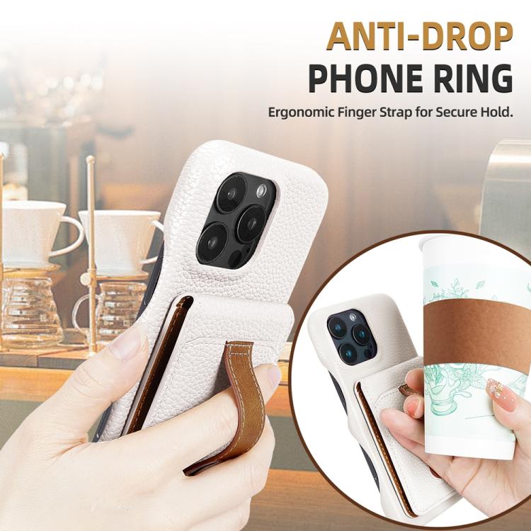 For iPhone 15 Pro Litchi Texture Leather Ring Card Bag Holder Phone Case