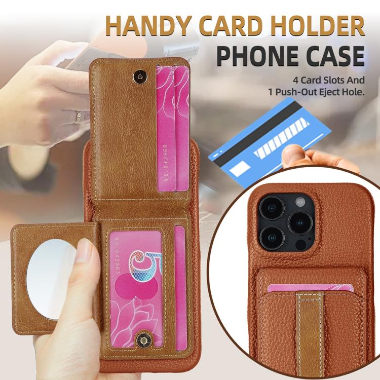 For iPhone 15 Plus Litchi Texture Leather Ring Card Bag Holder Phone Case