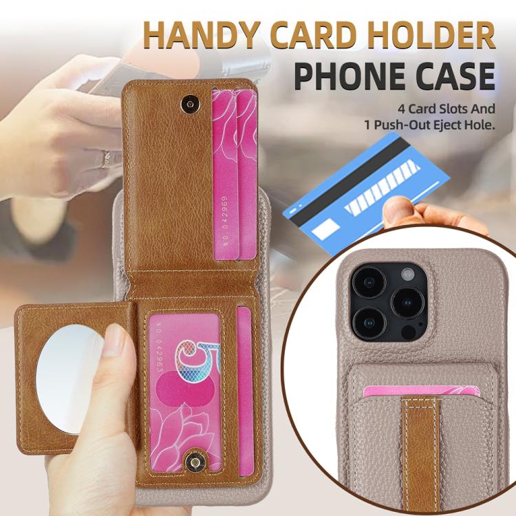 For iPhone 15 Plus Litchi Texture Leather Ring Card Bag Holder Phone Case