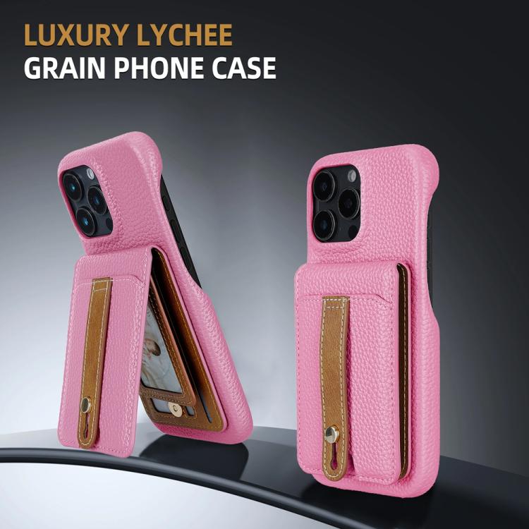 For iPhone 15 Plus Litchi Texture Leather Ring Card Bag Holder Phone Case