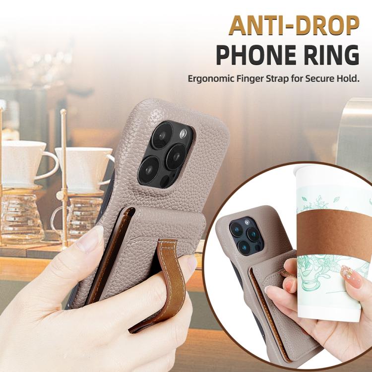 For iPhone 15 Litchi Texture Leather Ring Card Bag Holder Phone Case