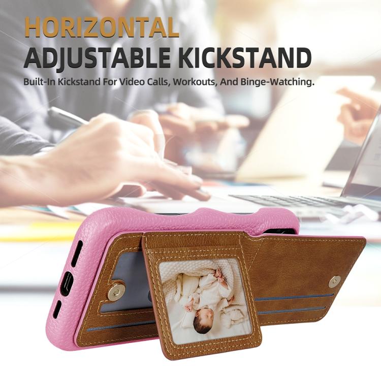 For iPhone 15 Litchi Texture Leather Ring Card Bag Holder Phone Case