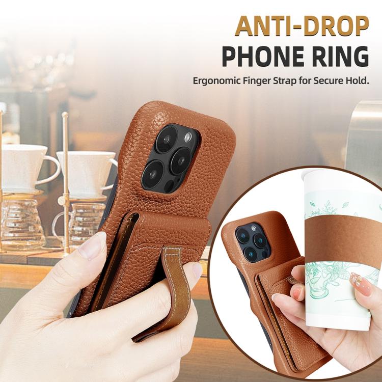For iPhone 12 / 12 Pro Litchi Texture Leather Ring Card Bag Holder Phone Case