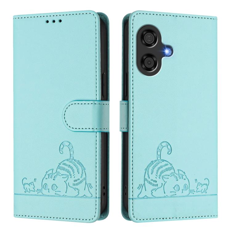 For Coolpad Cool 40i Cat Rat Embossed Pattern RFID Leather Phone Case with Lanyard
