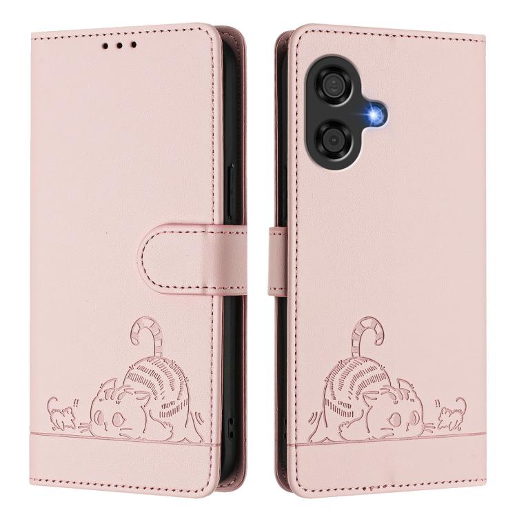 For Coolpad Cool 40i Cat Rat Embossed Pattern RFID Leather Phone Case with Lanyard
