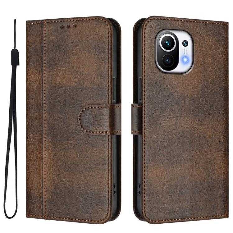 For Xiaomi Mi 11 Line Splicing Buckle Retro Leather Phone Case