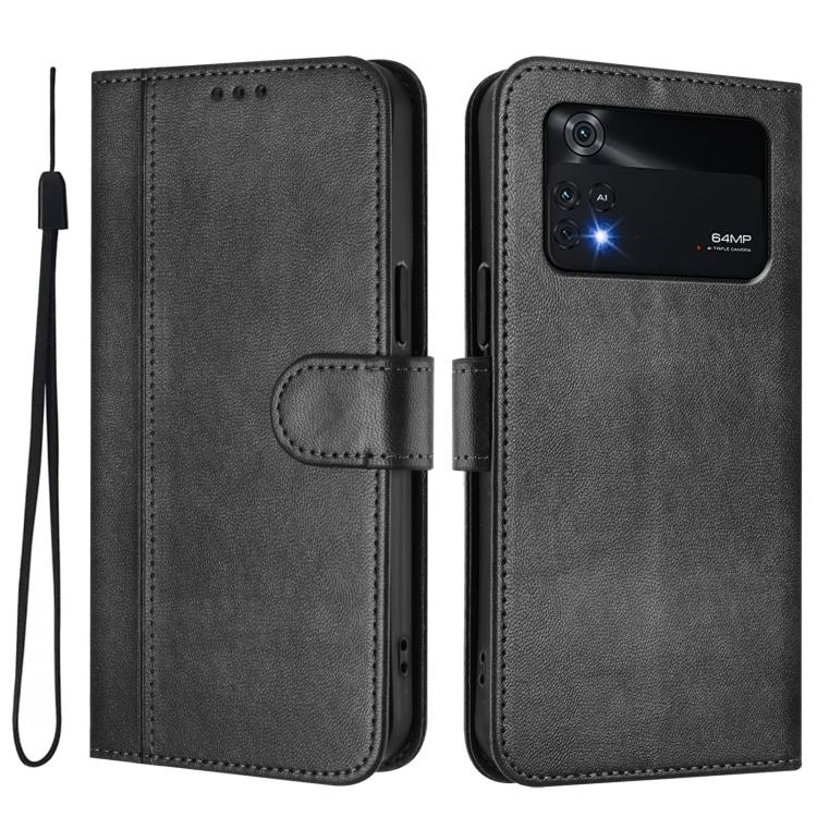 For Xiaomi Poco M4 Pro 4G Line Splicing Buckle Retro Leather Phone Case
