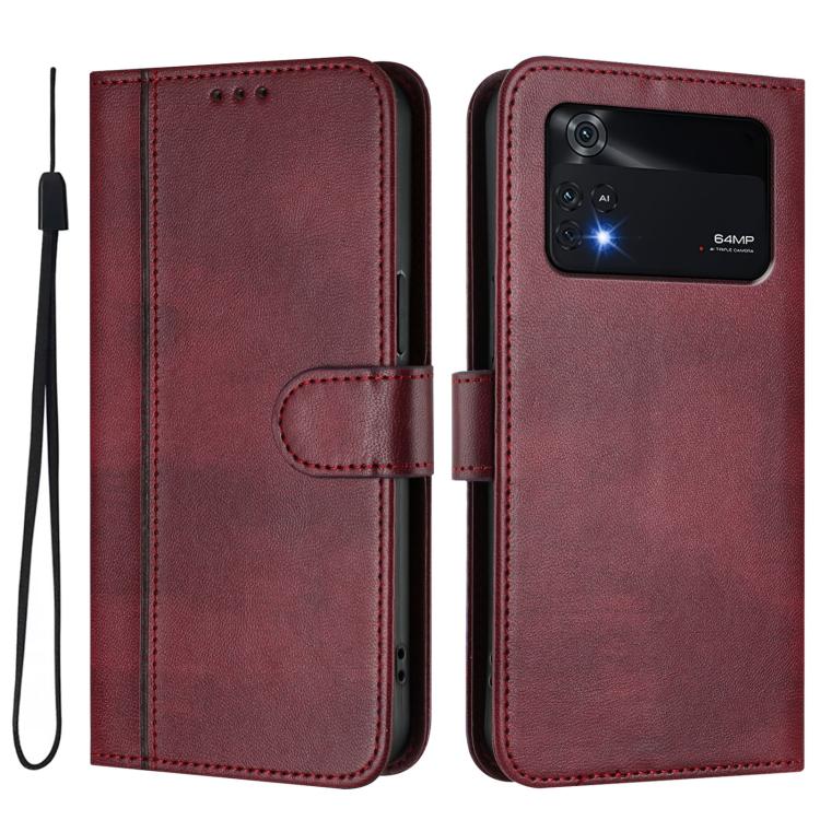 For Xiaomi Poco M4 Pro 4G Line Splicing Buckle Retro Leather Phone Case