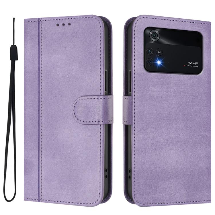 For Xiaomi Poco M4 Pro 4G Line Splicing Buckle Retro Leather Phone Case