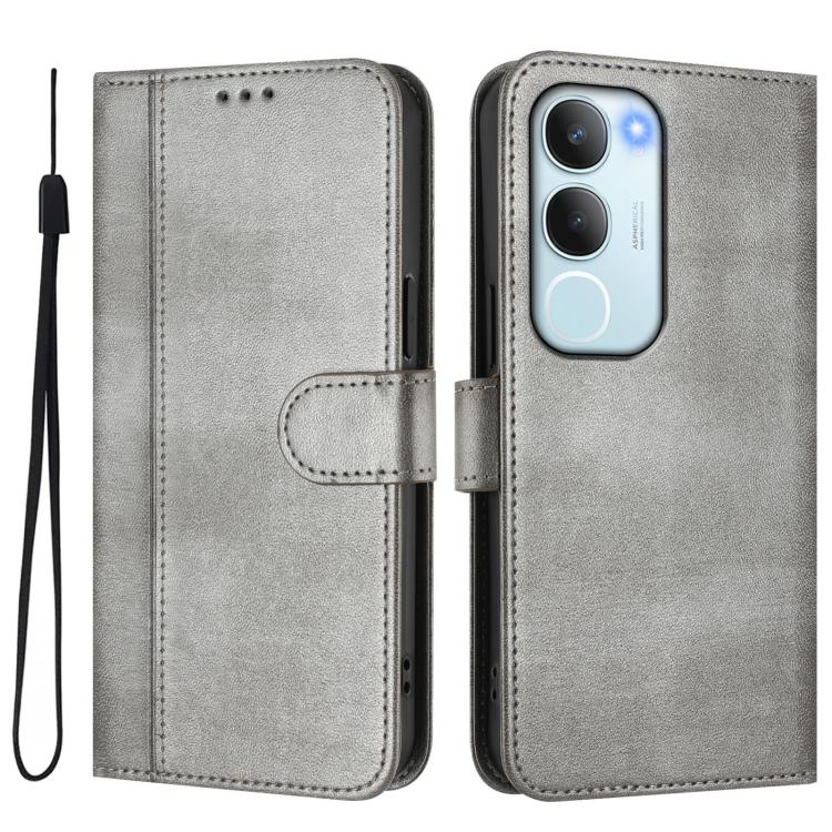 For vivo Y19s 4G Global Line Splicing Buckle Retro Leather Phone Case
