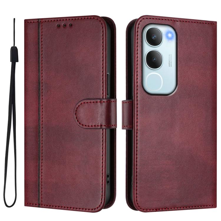 For vivo Y19s 4G Global Line Splicing Buckle Retro Leather Phone Case