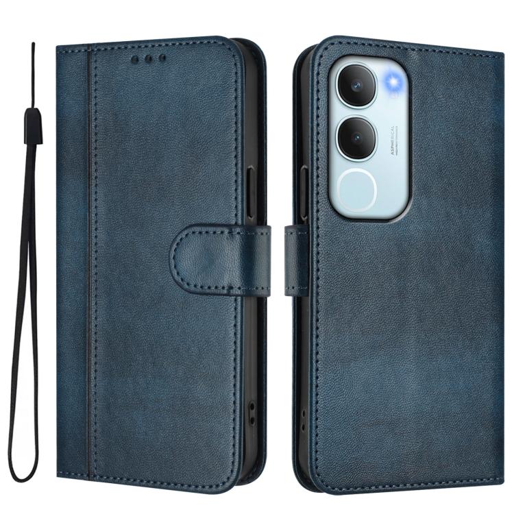 For vivo Y19s 4G Global Line Splicing Buckle Retro Leather Phone Case