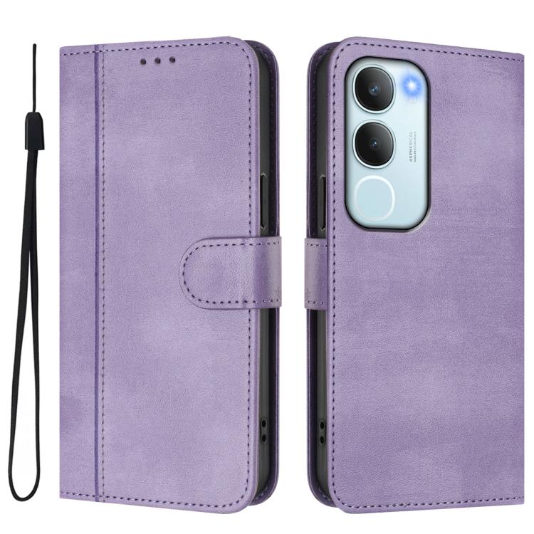 For vivo Y19s 4G Global Line Splicing Buckle Retro Leather Phone Case