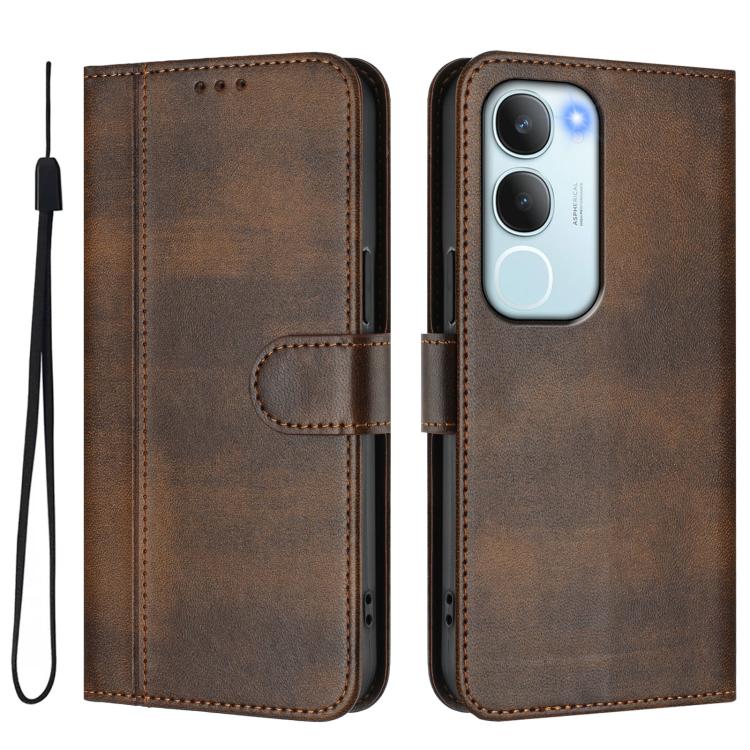 For vivo Y19s 4G Global Line Splicing Buckle Retro Leather Phone Case