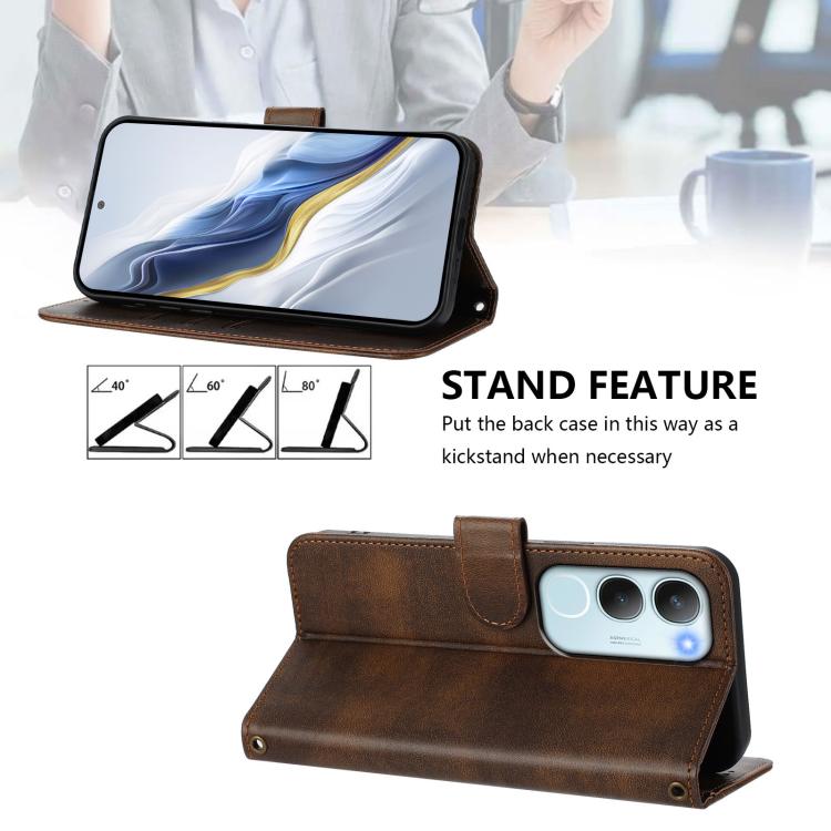 For vivo Y19s 4G Global Line Splicing Buckle Retro Leather Phone Case