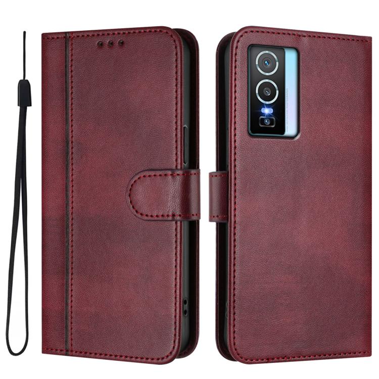 For vivo Y76 5G Line Splicing Buckle Retro Leather Phone Case
