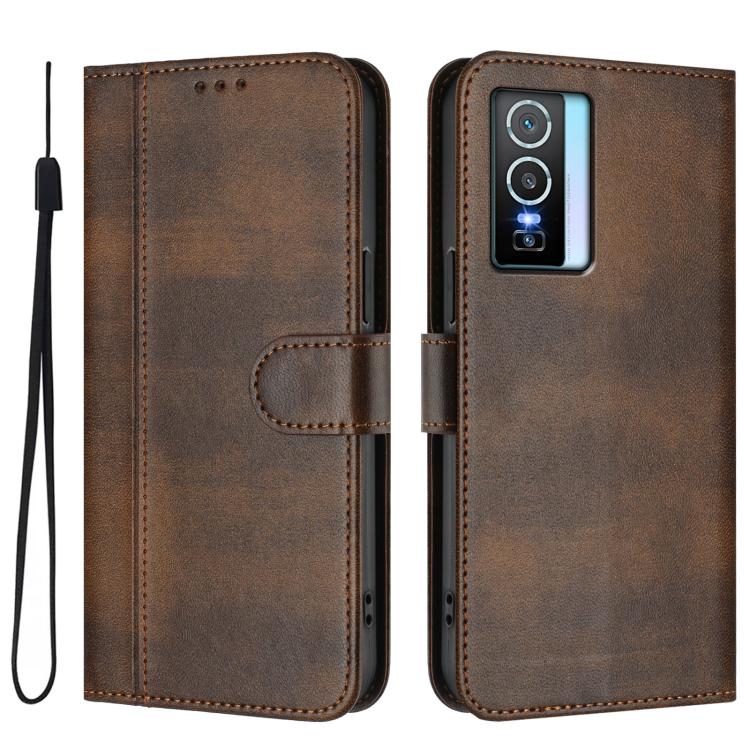 For vivo Y76 5G Line Splicing Buckle Retro Leather Phone Case