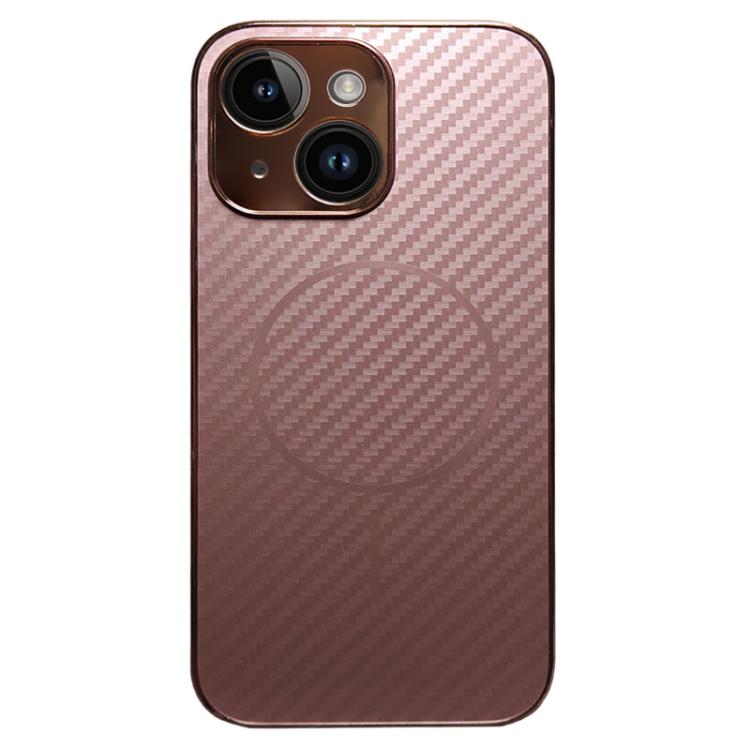For iPhone 15 Plus Plating Carbon Fiber MagSafe Full Coverage Phone Case