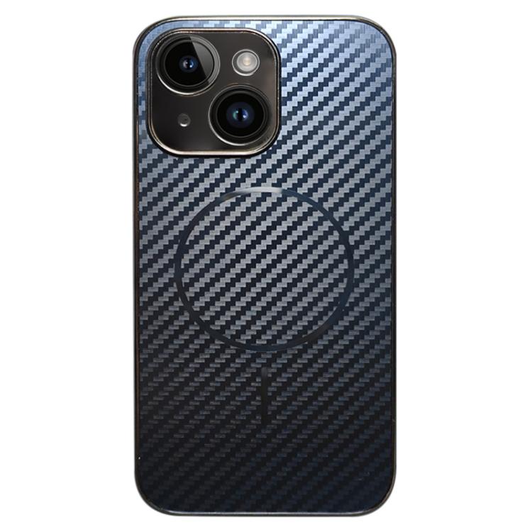For iPhone 15 Plus Plating Carbon Fiber MagSafe Full Coverage Phone Case