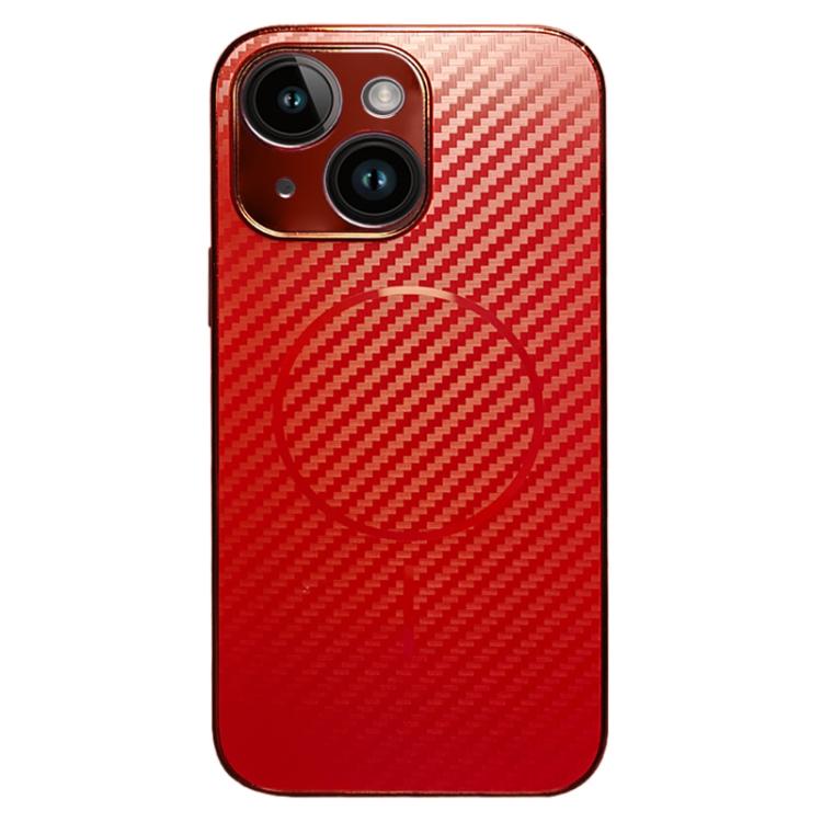For iPhone 15 Plus Plating Carbon Fiber MagSafe Full Coverage Phone Case