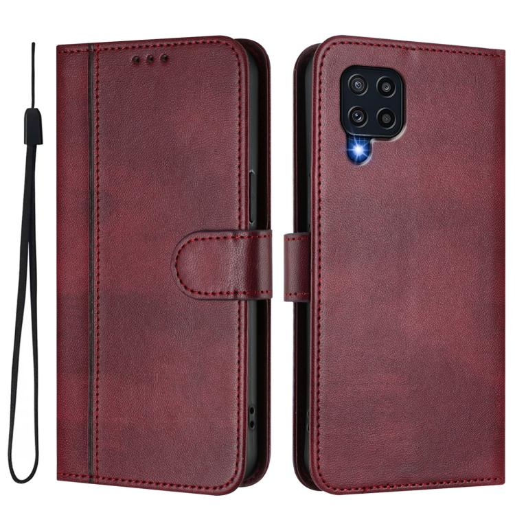 For Samsung Galaxy M32 4G / M22 Line Splicing Buckle Retro Leather Phone Case