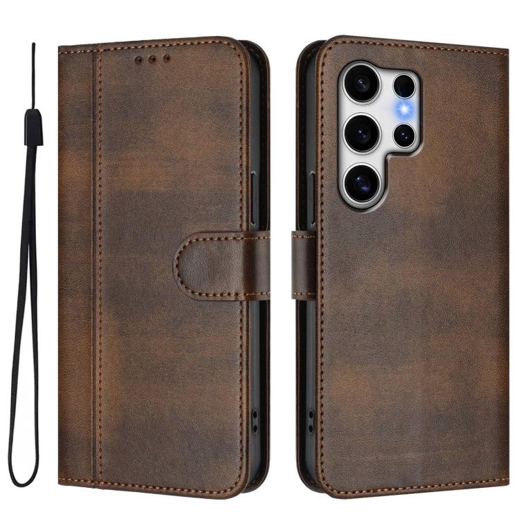 For Samsung Galaxy S25 Ultra 5G Line Splicing Buckle Retro Leather Phone Case