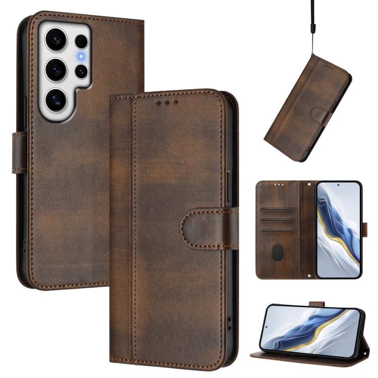For Samsung Galaxy S24 Ultra 5G Line Splicing Buckle Retro Leather Phone Case
