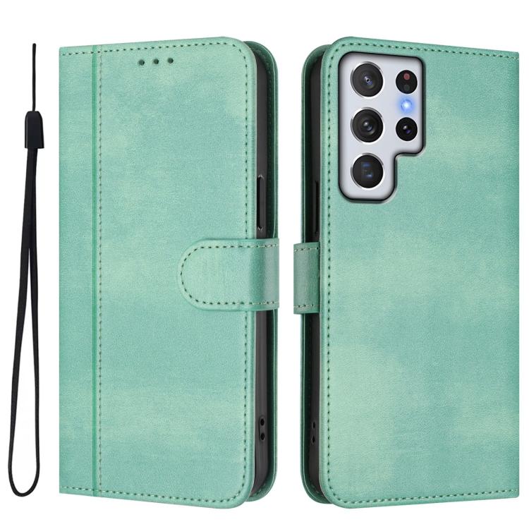 For Samsung Galaxy S22 Ultra 5G Line Splicing Buckle Retro Leather Phone Case