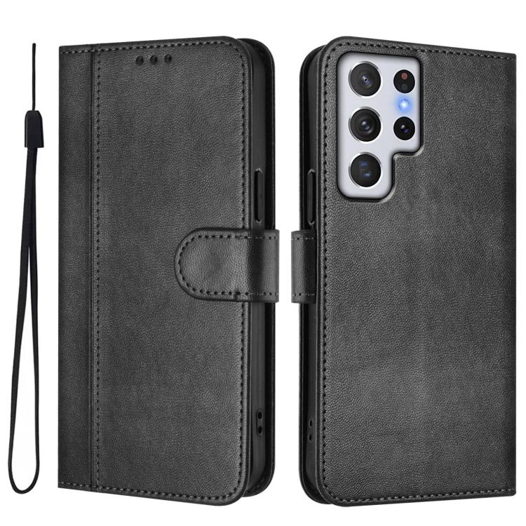 For Samsung Galaxy S22 Ultra 5G Line Splicing Buckle Retro Leather Phone Case