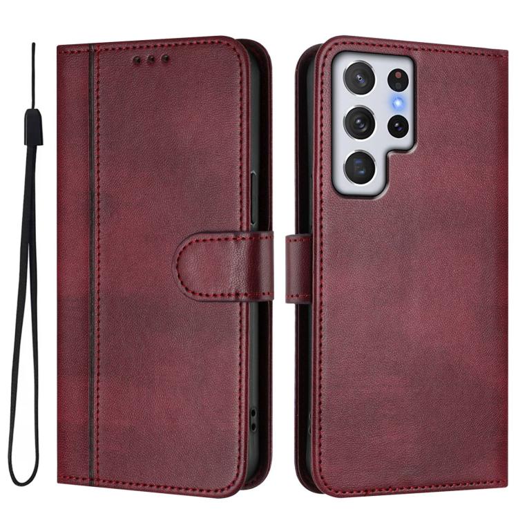 For Samsung Galaxy S22 Ultra 5G Line Splicing Buckle Retro Leather Phone Case