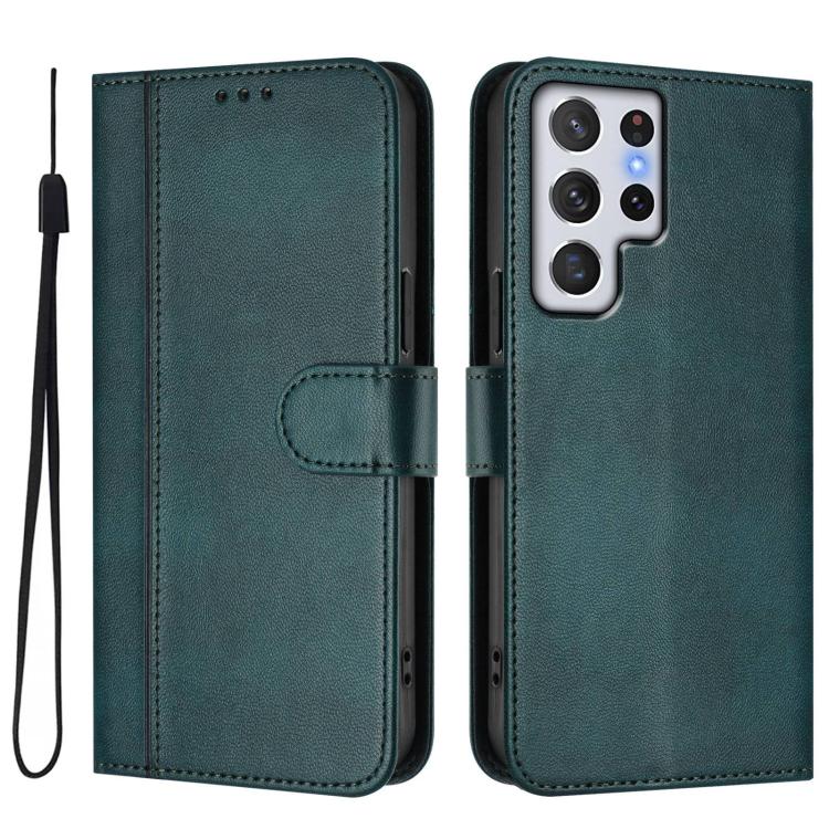 For Samsung Galaxy S22 Ultra 5G Line Splicing Buckle Retro Leather Phone Case