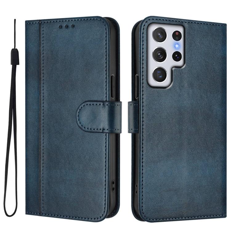 For Samsung Galaxy S22 Ultra 5G Line Splicing Buckle Retro Leather Phone Case