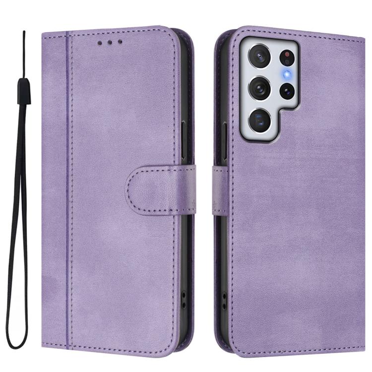 For Samsung Galaxy S22 Ultra 5G Line Splicing Buckle Retro Leather Phone Case