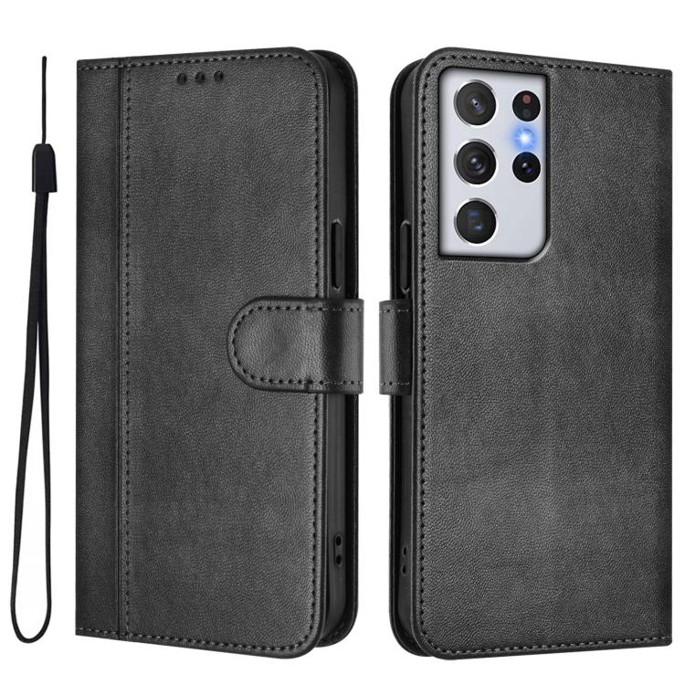 For Samsung Galaxy S21 Ultra 5G Line Splicing Buckle Retro Leather Phone Case