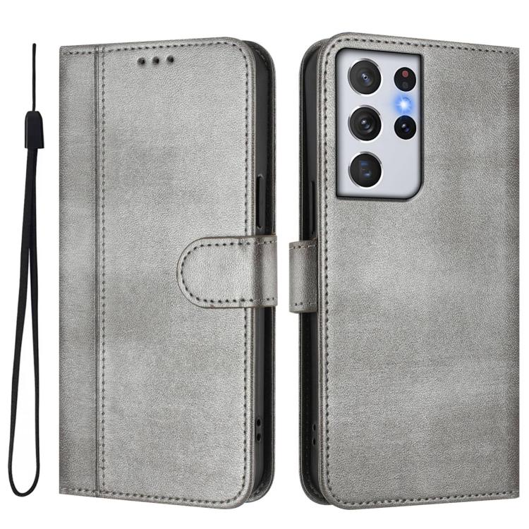 For Samsung Galaxy S21 Ultra 5G Line Splicing Buckle Retro Leather Phone Case