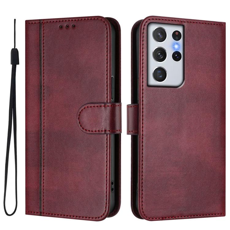 For Samsung Galaxy S21 Ultra 5G Line Splicing Buckle Retro Leather Phone Case