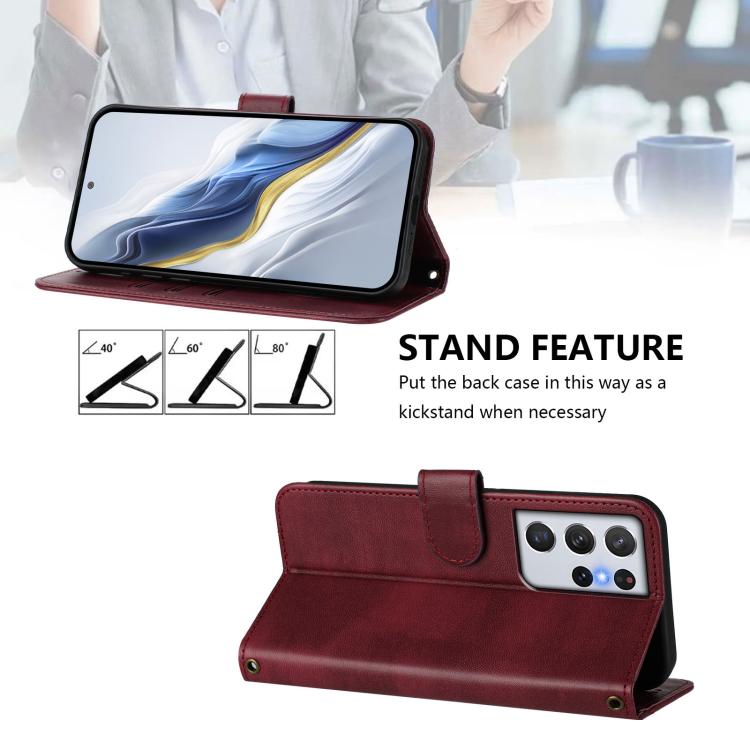 For Samsung Galaxy S21 Ultra 5G Line Splicing Buckle Retro Leather Phone Case