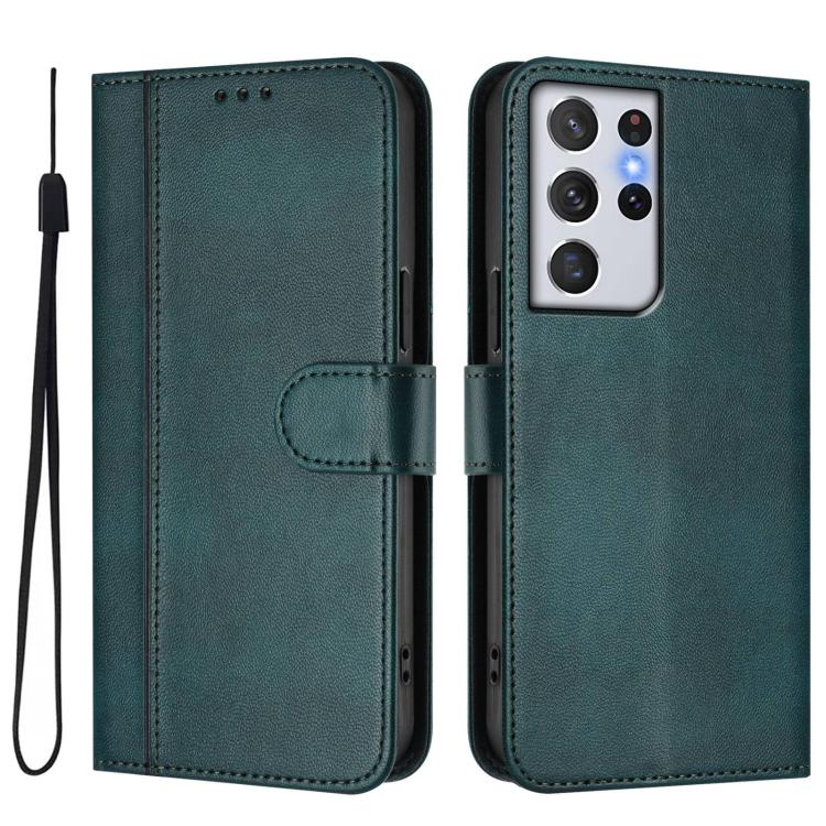 For Samsung Galaxy S21 Ultra 5G Line Splicing Buckle Retro Leather Phone Case
