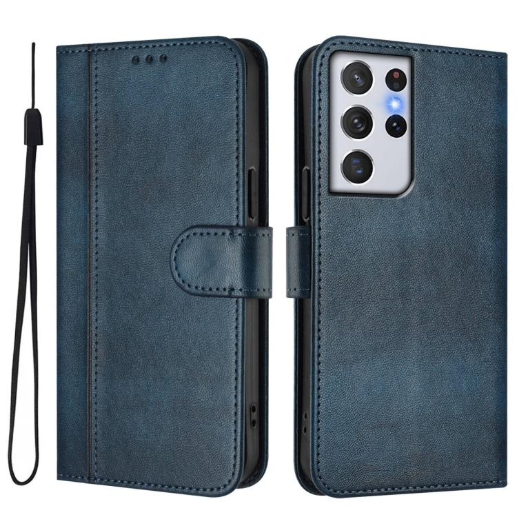For Samsung Galaxy S21 Ultra 5G Line Splicing Buckle Retro Leather Phone Case
